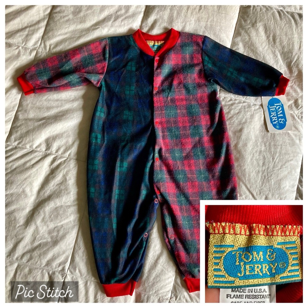 Vtg NWT Tom & Jerry Plaid Pajama Sleeper Footless Fleece Snap 18mo USA Red Green